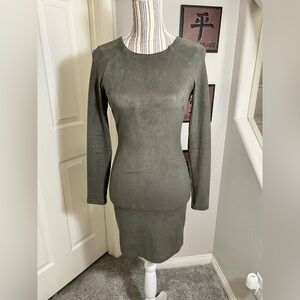 BEBE Olive green suede scoop neck longsleeve zip back bodycon dress size xs